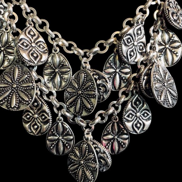 Reversible Statement Necklace Chunky Pink Crystal Boho Silver Coin Layered Y2K - Picture 8 of 10